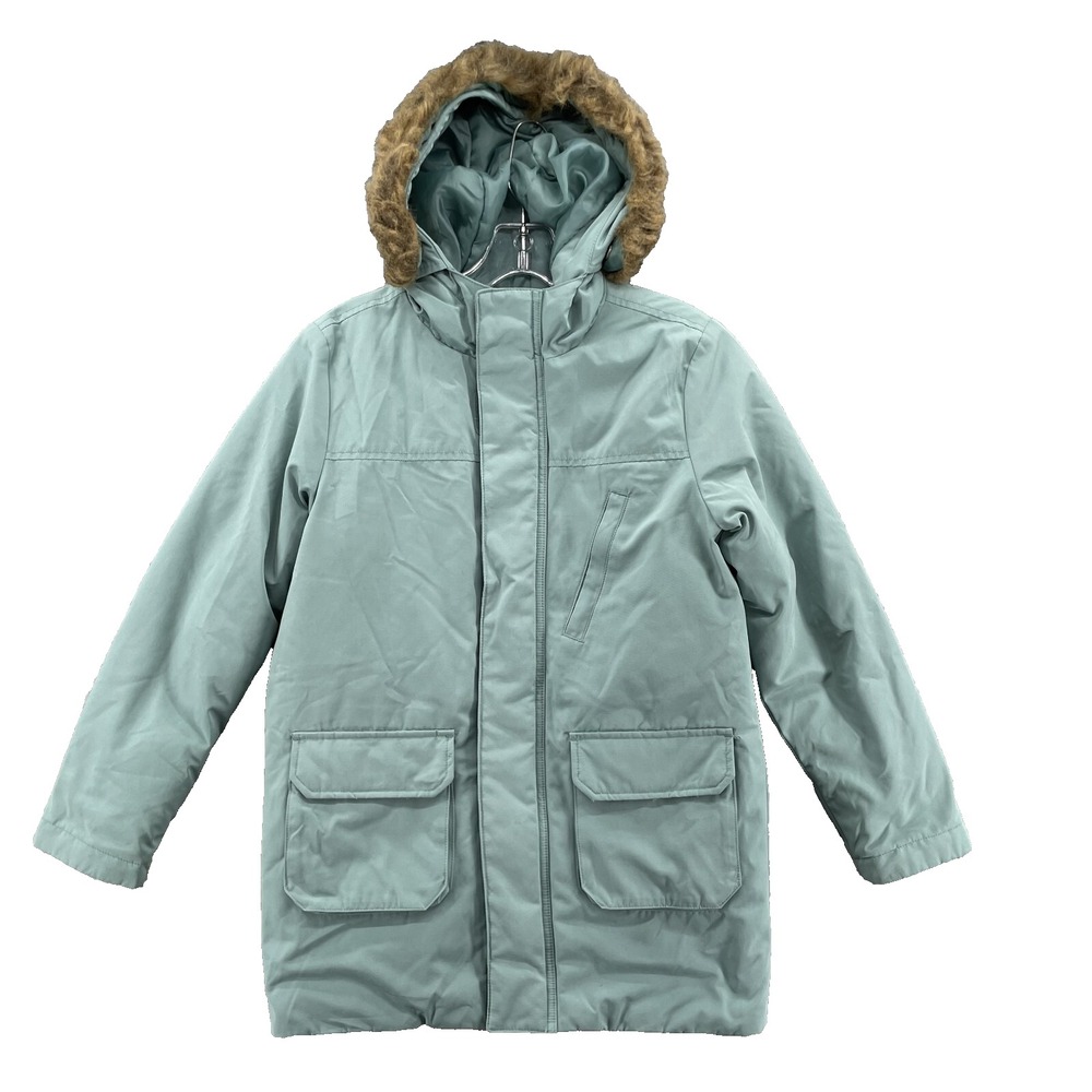 Swiss Tech Jacket Girls Large Aqua Fur Trim‎ Hood Parka Outdoor Snow Chic Cabin